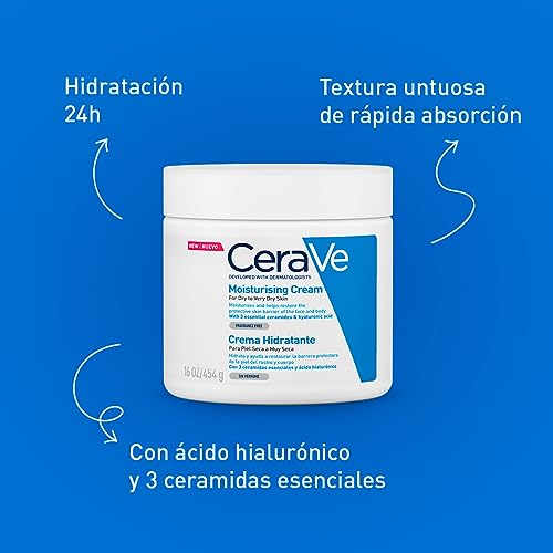 CeraVe Crema Hidratante Diaria para Rostro y Cuerpo, Piel Seca a Muy Seca, Hidratación por 24 Horas, con Ceramidas Esenciales y Ácido Hialurónico, 454 g