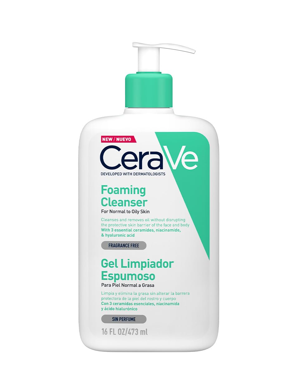 CeraVe Gel Limpiador Espumoso Facial para Piel Mixta a Grasa con Ceramidas Esenciales, Niacinamida y Ácido Hialurónico, 473 ml, 1 Unidad