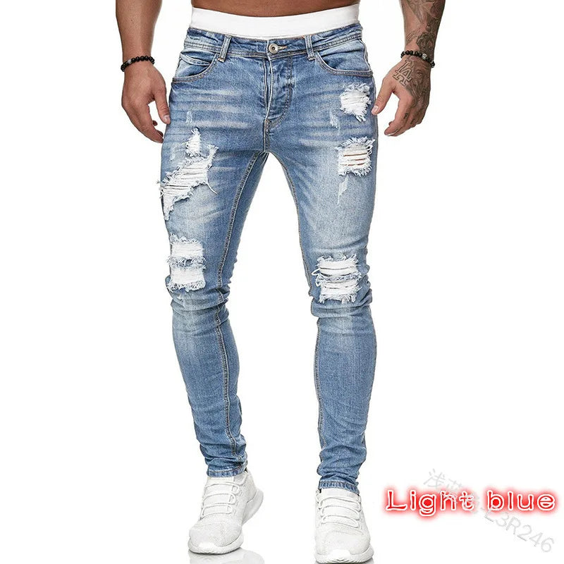2023 pantalones vaqueros rasgados ajustados bordados blancos de algodón elásticos ajustados pantalones vaqueros de Hip Hop pantalones vaqueros casuales para hombres pantalones para correr