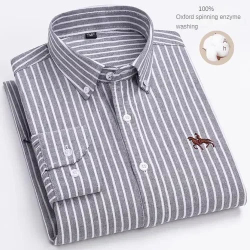 Camisa de manga larga 100% de algodón puro para hombre, camisa hilada Oxford bordada de Color sólido informal de negocios