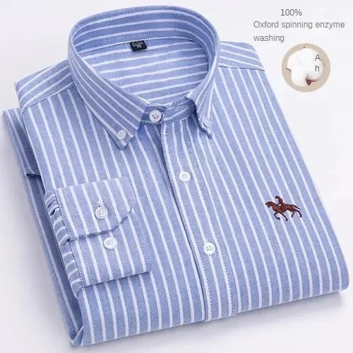 Camisa de manga larga 100% de algodón puro para hombre, camisa hilada Oxford bordada de Color sólido informal de negocios
