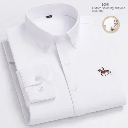 Camisa de manga larga 100% de algodón puro para hombre, camisa hilada Oxford bordada de Color sólido informal de negocios
