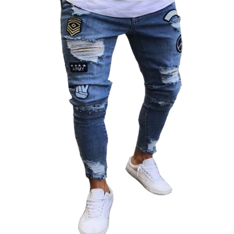2023 pantalones vaqueros rasgados ajustados bordados blancos de algodón elásticos ajustados pantalones vaqueros de Hip Hop pantalones vaqueros casuales para hombres pantalones para correr