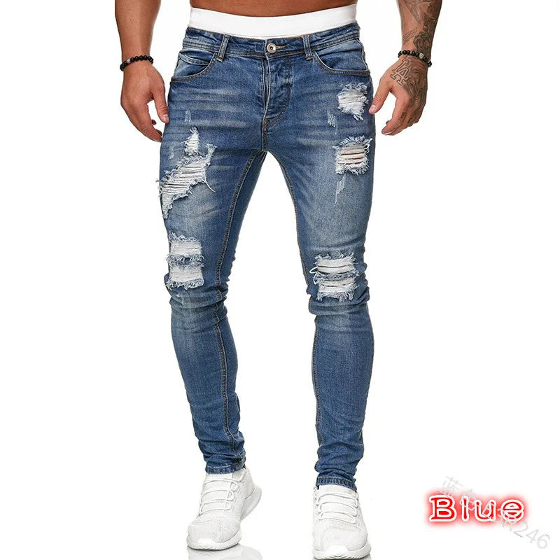 2023 pantalones vaqueros rasgados ajustados bordados blancos de algodón elásticos ajustados pantalones vaqueros de Hip Hop pantalones vaqueros casuales para hombres pantalones para correr