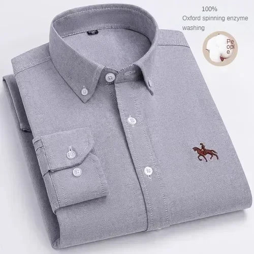 Camisa de manga larga 100% de algodón puro para hombre, camisa hilada Oxford bordada de Color sólido informal de negocios