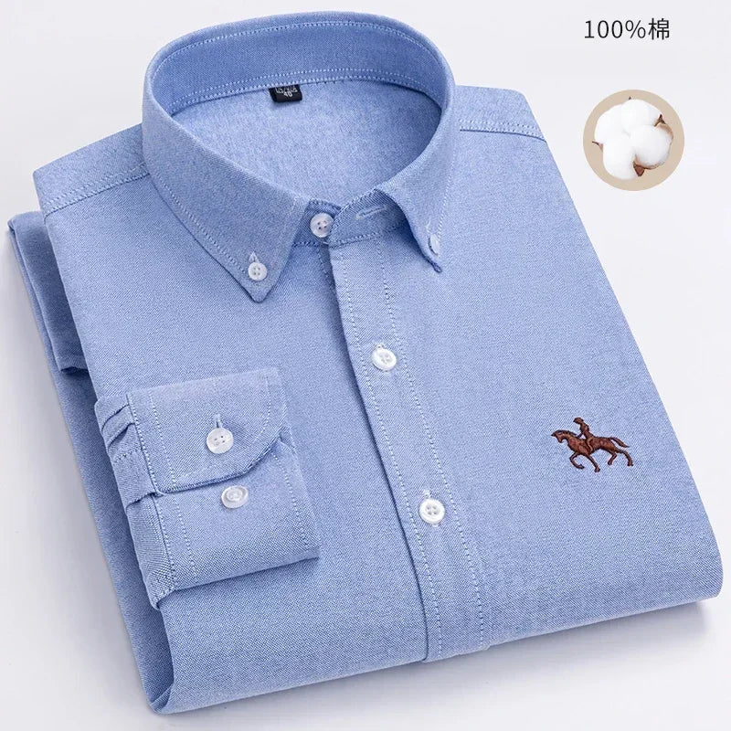 Camisa de manga larga 100% de algodón puro para hombre, camisa hilada Oxford bordada de Color sólido informal de negocios