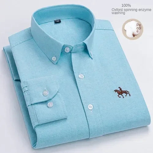 Camisa de manga larga 100% de algodón puro para hombre, camisa hilada Oxford bordada de Color sólido informal de negocios