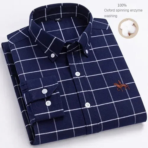 Camisa de manga larga 100% de algodón puro para hombre, camisa hilada Oxford bordada de Color sólido informal de negocios