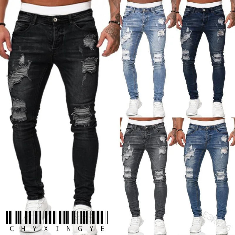 2023 pantalones vaqueros rasgados ajustados bordados blancos de algodón elásticos ajustados pantalones vaqueros de Hip Hop pantalones vaqueros casuales para hombres pantalones para correr