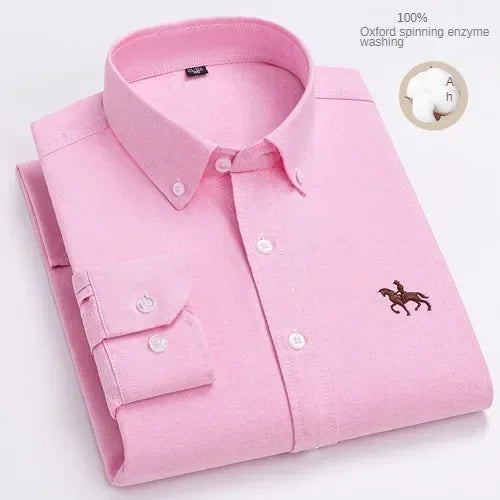 Camisa de manga larga 100% de algodón puro para hombre, camisa hilada Oxford bordada de Color sólido informal de negocios