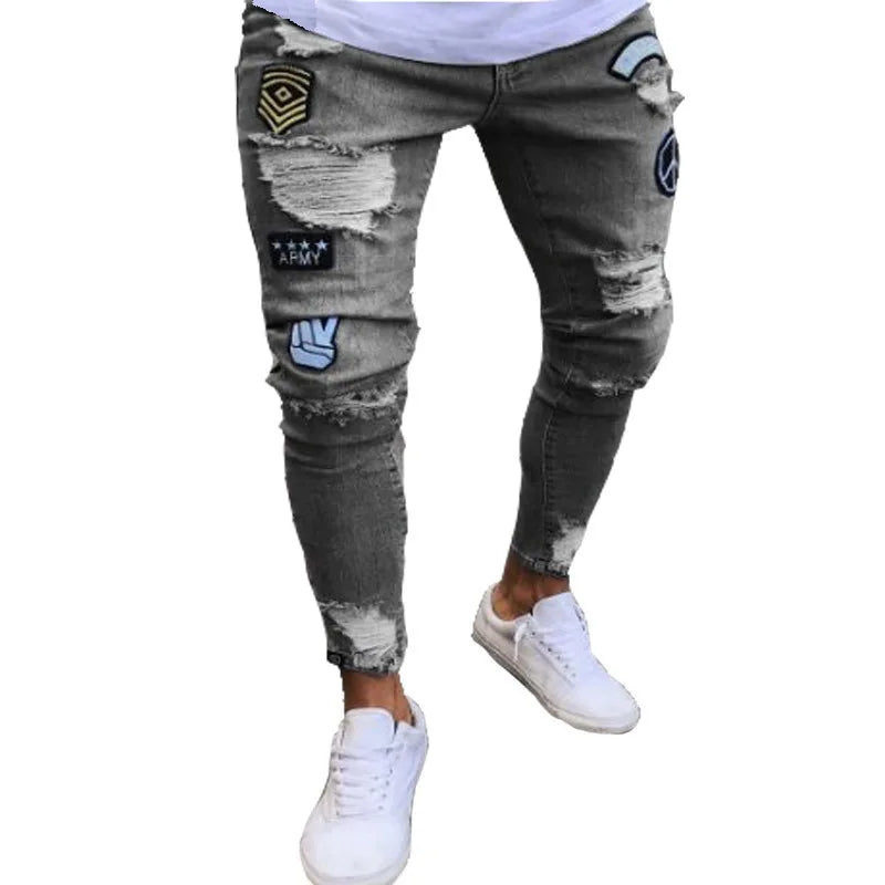 2023 pantalones vaqueros rasgados ajustados bordados blancos de algodón elásticos ajustados pantalones vaqueros de Hip Hop pantalones vaqueros casuales para hombres pantalones para correr
