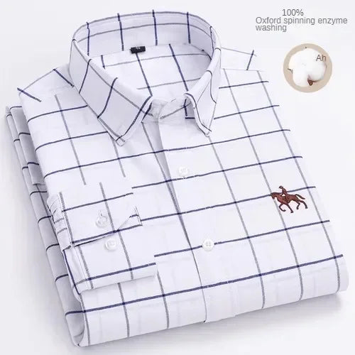 Camisa de manga larga 100% de algodón puro para hombre, camisa hilada Oxford bordada de Color sólido informal de negocios