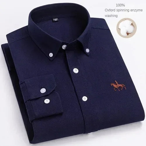 Camisa de manga larga 100% de algodón puro para hombre, camisa hilada Oxford bordada de Color sólido informal de negocios