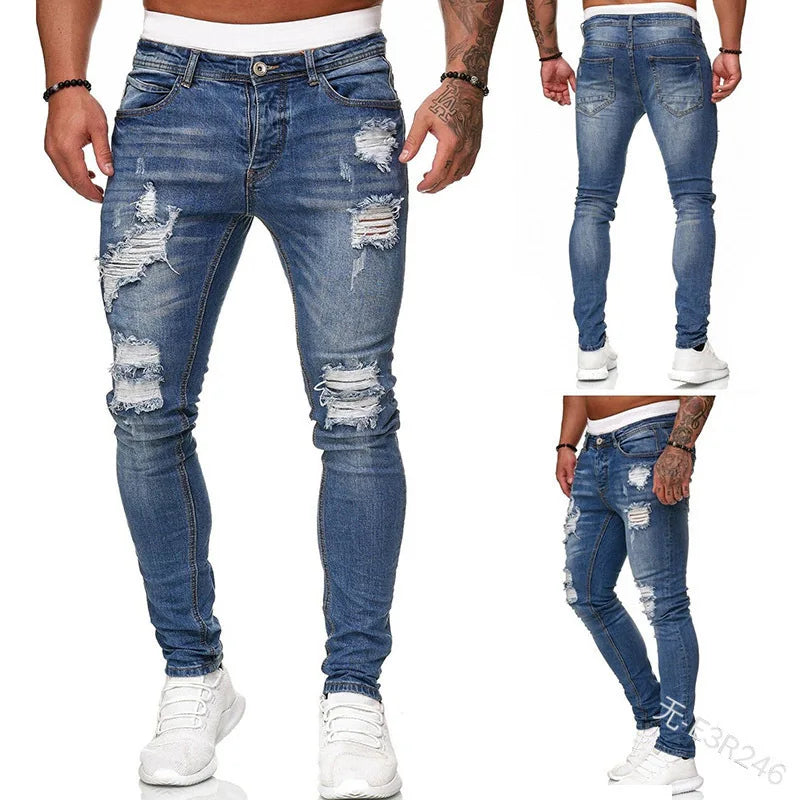 2023 pantalones vaqueros rasgados ajustados bordados blancos de algodón elásticos ajustados pantalones vaqueros de Hip Hop pantalones vaqueros casuales para hombres pantalones para correr