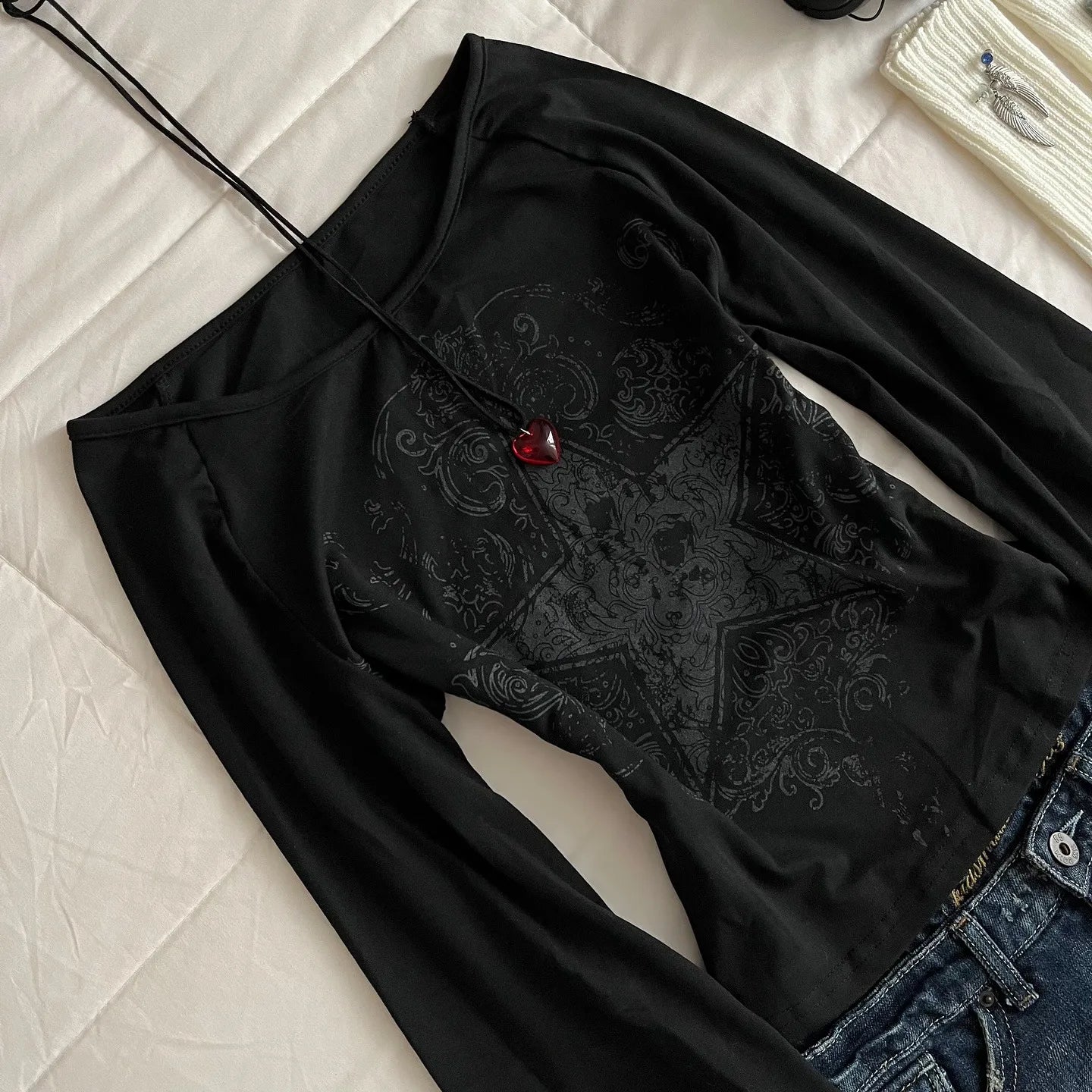 Camiseta retro americana Harajuku Emo dulce y picante ajustada para mujer, camiseta informal blanca, top gótico de calle de manga larga, chica Emo