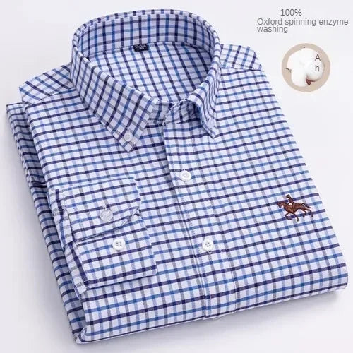 Camisa de manga larga 100% de algodón puro para hombre, camisa hilada Oxford bordada de Color sólido informal de negocios