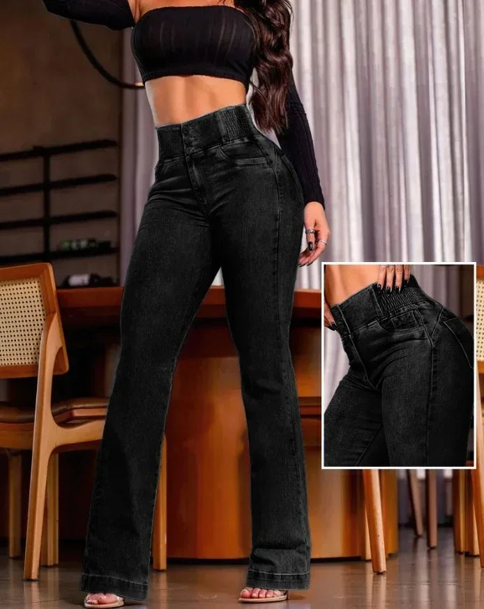 ALLUKASA 2025 Otoño Invierno elegante cintura alta botón frontal Casual mujer Jeans Sexy moda espalda fruncido pantalón inferior