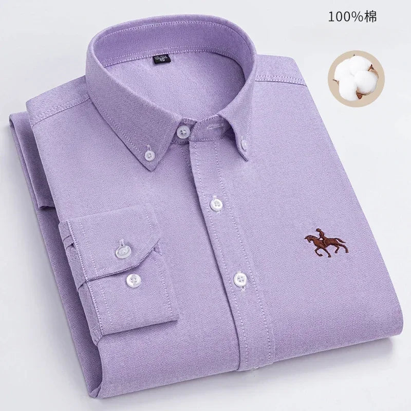 Camisa de manga larga 100% de algodón puro para hombre, camisa hilada Oxford bordada de Color sólido informal de negocios
