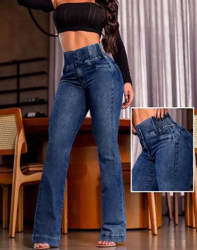 ALLUKASA 2025 Otoño Invierno elegante cintura alta botón frontal Casual mujer Jeans Sexy moda espalda fruncido pantalón inferior