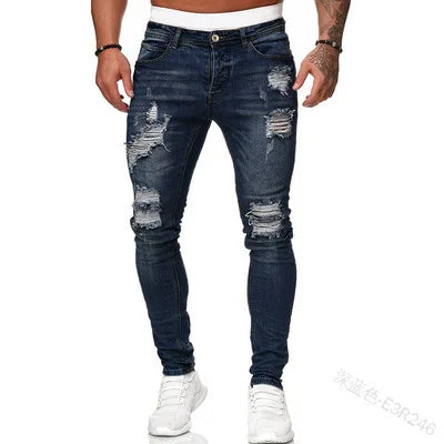 2023 pantalones vaqueros rasgados ajustados bordados blancos de algodón elásticos ajustados pantalones vaqueros de Hip Hop pantalones vaqueros casuales para hombres pantalones para correr