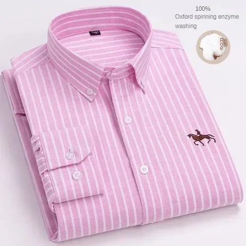 Camisa de manga larga 100% de algodón puro para hombre, camisa hilada Oxford bordada de Color sólido informal de negocios