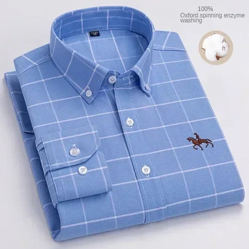 Camisa de manga larga 100% de algodón puro para hombre, camisa hilada Oxford bordada de Color sólido informal de negocios