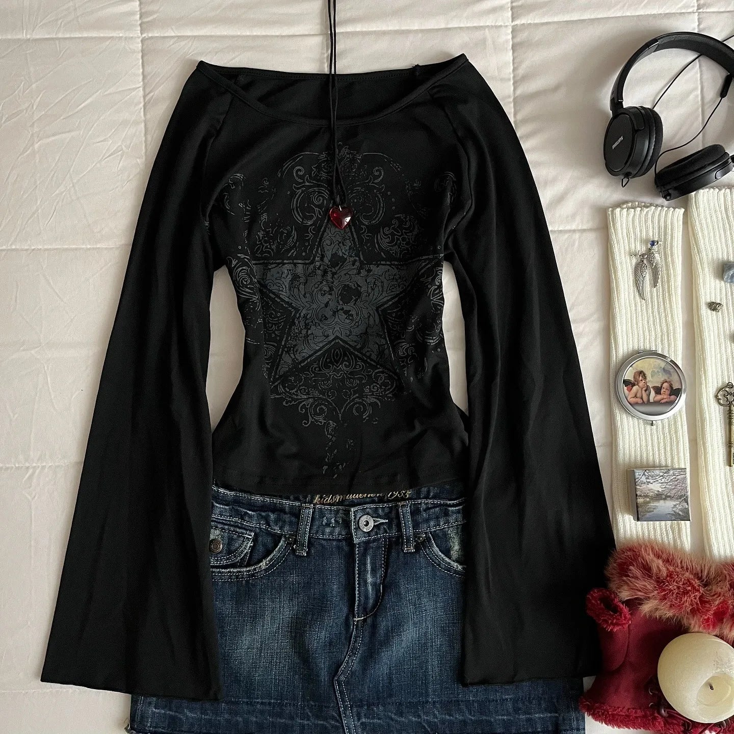 Camiseta retro americana Harajuku Emo dulce y picante ajustada para mujer, camiseta informal blanca, top gótico de calle de manga larga, chica Emo